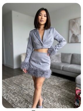 Feather-Trim Mini Skirt in Light Gray